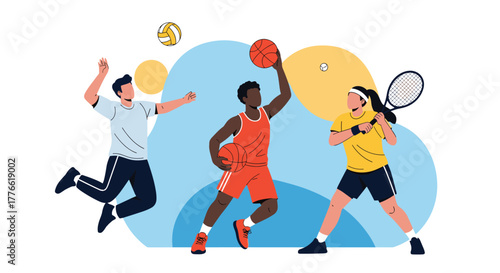 Diverse athletes, including a man playing volleyball, a man playing basketball, and a woman playing tennis, are actively engaged in various sports.