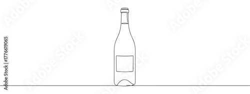 A continuous line drawing of a wine bottle with a blank label, highlighting its classic shape in a minimalist style against a white background.	
