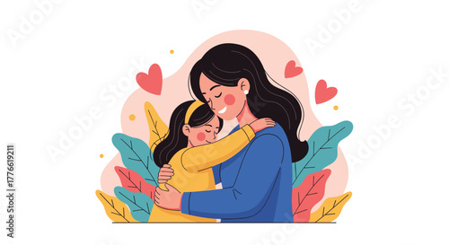 A loving mother and her happy daughter embrace tenderly, surrounded by colorful foliage and hearts, symbolizing their strong bond and affection.