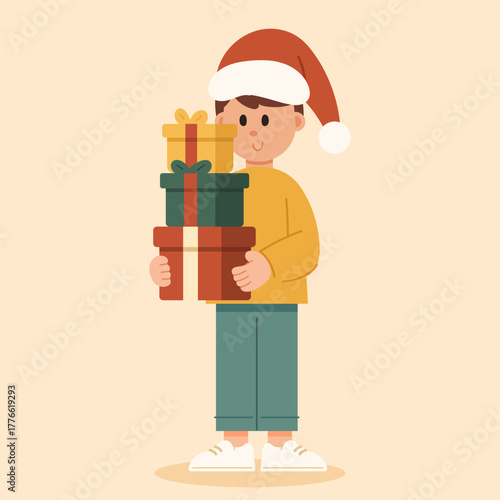 Flat cartoon illustration of a cute boy holding a Christmas gift box. Festive and cheerful winter holiday theme, perfect for greeting cards, celebration, and seasonal vector designs.