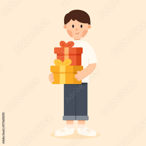 Flat cartoon illustration of a cute boy holding a Christmas gift box. Festive and cheerful winter holiday theme, perfect for greeting cards, celebration, and seasonal vector designs.