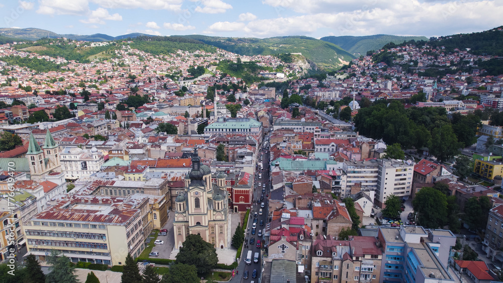 Naklejka premium Aerial View of Sarajevo Cathedral Church of the Nativity of the Theotoko with Urban Landscape