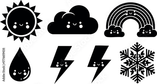 Cute weather icons set with sun cloud rain lightning and snowflake vector art for design and decoration