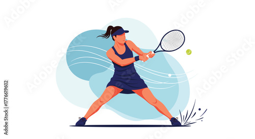 An energetic female tennis player in a dark blue dress and visor, poised to strike a tennis ball with her racket during an intense match.