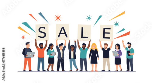 Diverse group of happy people celebrating a sale, holding \.