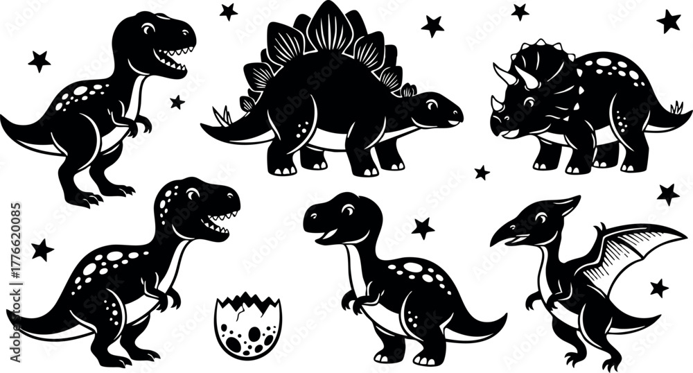 Naklejka premium Dinosaur vector set with T-Rex, Stegosaurus, Triceratops, Pterodactyl and baby dinosaur egg illustrations