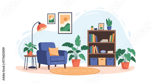 Contemporary living room illustration with blue armchair, floor lamp, green plants, wooden bookshelf with books, and framed wall art.