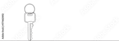 A continuous line drawing of a single key with a round keychain, symbolizing security, access, or ownership, on a clean white background.