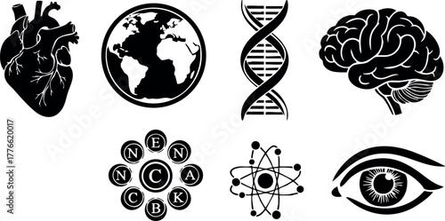 Human heart globe dna strand brain atomic structure molecule eye icons vector illustration collection