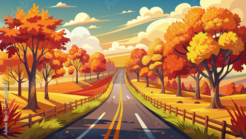 Very beautiful autumn scene of a country road lined with trees displaying vibrant fall colors, creating a peaceful and picturesque rural landscape on a crisp, sunny day.