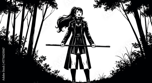 Female Samurai Warrior Standing with Sword in Forest Black and White Vector Illustration