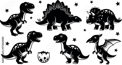 Dinosaur vector set with T-Rex, Stegosaurus, Triceratops, Pterodactyl and baby dinosaur egg illustrations