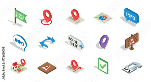 Isometric navigation icons set map, marker, route guide elements for digital design