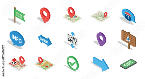 Isometric navigation icons set with maps, arrows, and location markers for gps and route planning