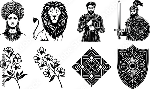 African queen lion warrior man sword shield floral design elements vintage style vector illustration