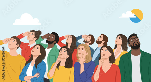 A diverse crowd of people gaze upwards with curiosity and contemplation, some shielding their eyes from an abstract sky.