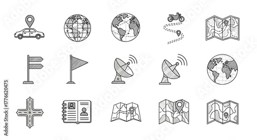 Linear travel and navigation icons maps, globes, flags, and vehicles