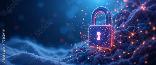 abstract illustrated vector binary style winter theme digital cyber security 3d pop up metalic neon lock with shimmer quincy bokhe glowing lights connected points, in purple blue and cyan gradient col
