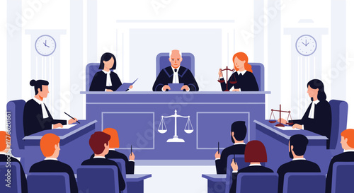 A diverse group of legal professionals, including judges and lawyers, are engaged in a court proceeding, symbolizing justice and legal processes.