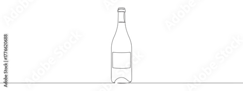 A continuous line drawing of a wine bottle with a blank label, highlighting its classic shape in a minimalist style against a white background.