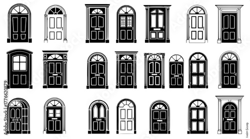 “A vector-style design reference sheet showcasing multiple door silhouettes arranged in a 3x5 layout. Each door is black with white accents, depicting different design eras — from rustic wooden styles