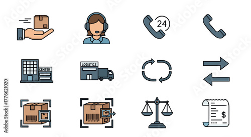 Logistics and customer service icons set for delivery and support applications