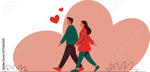 Elegant Couple Walking Hand In Heart Shapes Vector Illustration