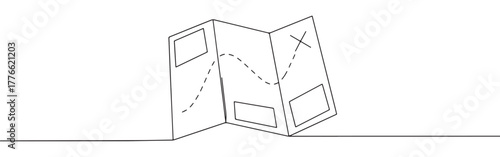 A continuous line drawing of a folded map showing a dotted path from a starting point to an 'X' marking a destination, symbolizing travel or navigation.