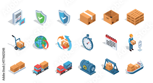 Isometric logistics icons shipping, delivery, packaging, and transport elements