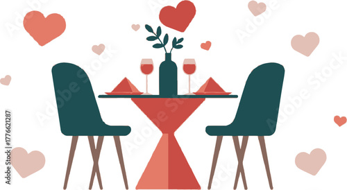 Elegant Dining Table Two Chairs Glasses Flower Vector Illustration