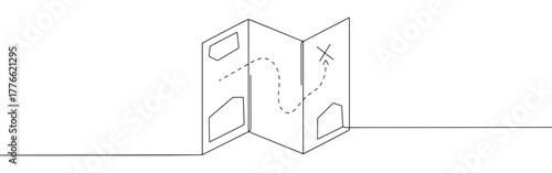 A continuous line drawing of a folded map showing a dotted path from a starting point to an 'X' marking a destination, symbolizing travel or navigation.