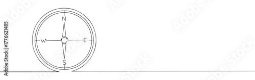 A continuous line drawing of a compass with clear North, East, South, and West cardinal points, symbolizing guidance and direction on a white background.