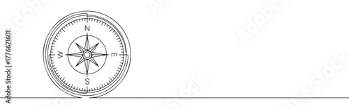 A continuous line drawing of a compass with clear North, East, South, and West cardinal points, symbolizing guidance and direction on a white background.