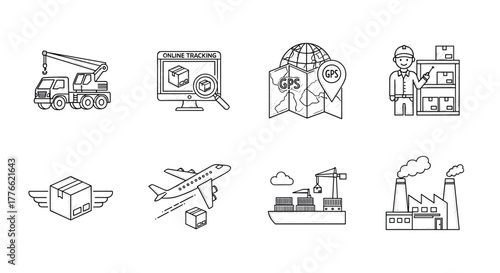 Logistics and shipping icons set linear style with delivery, tracking, and transportation elements