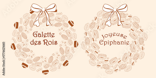 Trendy Galette des Rois and Joyeuse Epiphanie wreaths with pastries, crowns, and coquette bows on beige background. Perfect for Epiphany cards, bakery packaging, and French holiday design.