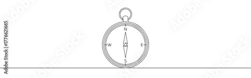A continuous line drawing of a compass with clear North, East, South, and West cardinal points, symbolizing guidance and direction on a white background.