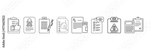 Clipboard checklist icon set. Outline magnifying glass, notepen, checkmark, pencil, prescription, rx, calculator, budget, bottle, pill, eye, check, list, mark, analysis, medical assignment document co