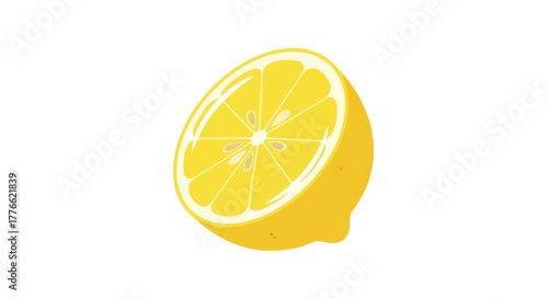 A vibrant yellow lemon half cut open showing its juicy pulp and seeds.