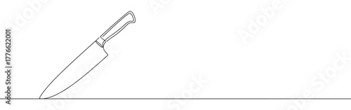 A continuous line drawing of a chef's knife or kitchen knife, depicted standing upright, showcasing a minimalist and clean aesthetic on a white background.	