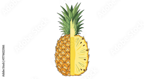 Fresh ripe pineapple fruit cut in half showing yellow flesh.