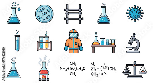Pixel art chemistry icons set featuring lab equipment and molecular structures