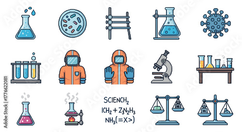 Colorful science icons set with laboratory equipment and chemical symbols