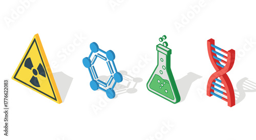 Colorful isometric science icons radioactive sign, molecule, flask, dna helix