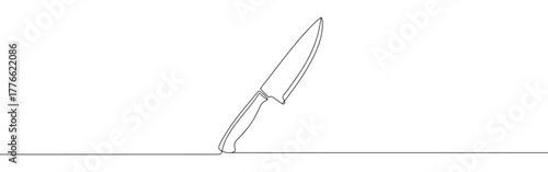 A continuous line drawing of a chef's knife or kitchen knife, depicted standing upright, showcasing a minimalist and clean aesthetic on a white background.	