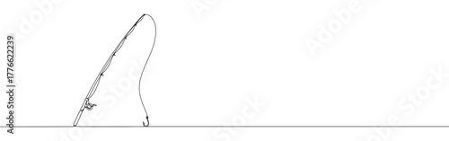 A continuous line drawing of a fishing rod leaning diagonally with its line and hook extending downwards, capturing the essence of angling on a white background.	