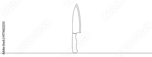 A continuous line drawing of a chef's knife or kitchen knife, depicted standing upright, showcasing a minimalist and clean aesthetic on a white background.