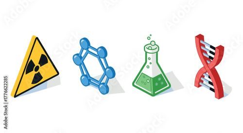 3d science icons radiation, chemical flask, dna, molecular structure