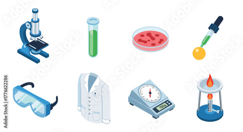 Isometric science lab equipment with microscope, test tube, and measuring scale