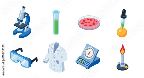 Essential chemistry tools in isometric design featuring lab equipment