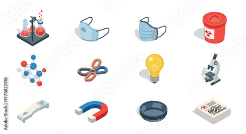 Science and healthcare isometric icons collection with mask, microscope, test tubes, and more